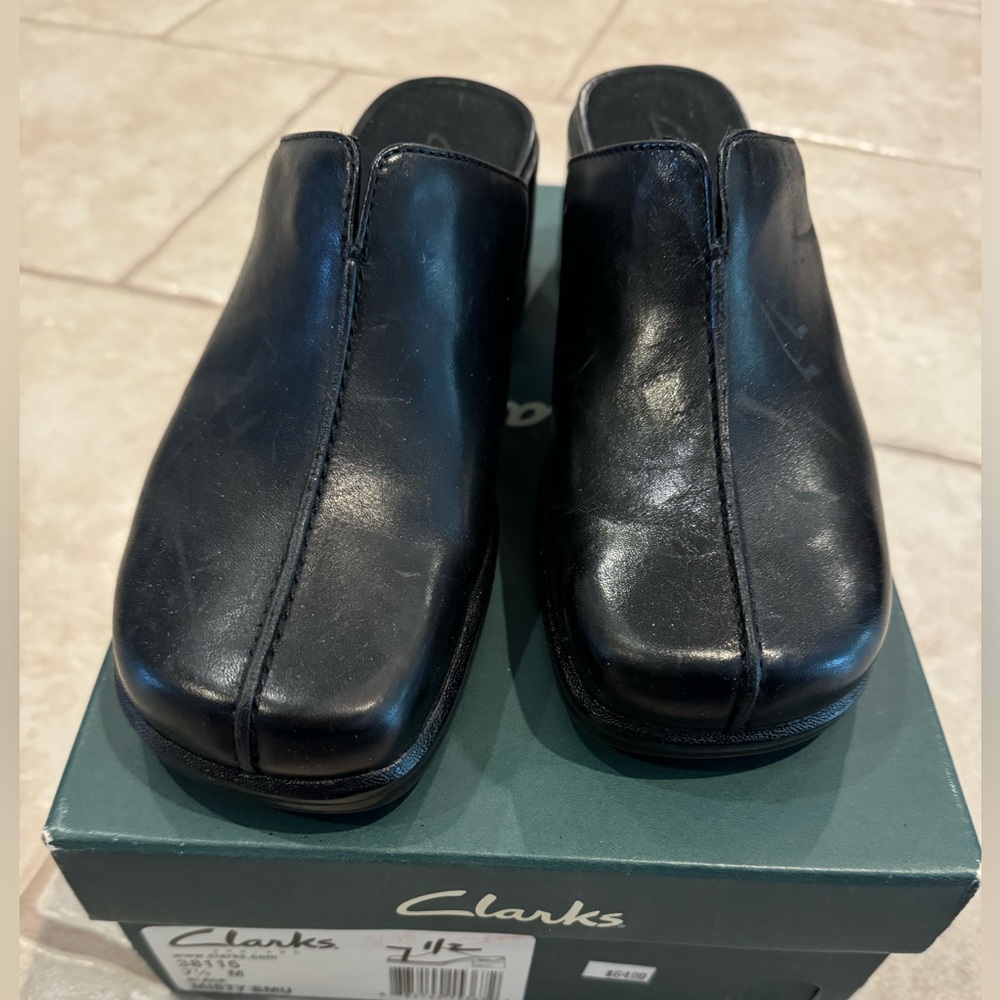 Clarks Black Leather Mules